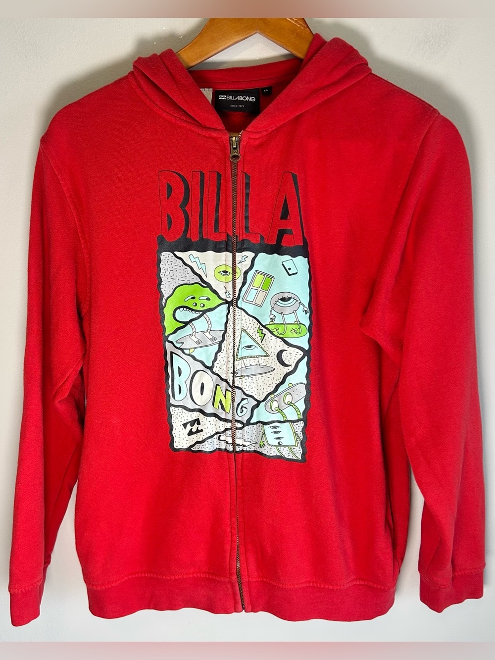 Vintage Billabong Surfwear Red Full Zip Cartoon Graphic Hoodie Size 14 S/M RARE